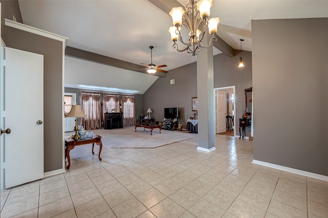 living room with lofted ceiling with beams, ceiling fan with notable chandelier, and light tile patterned floors