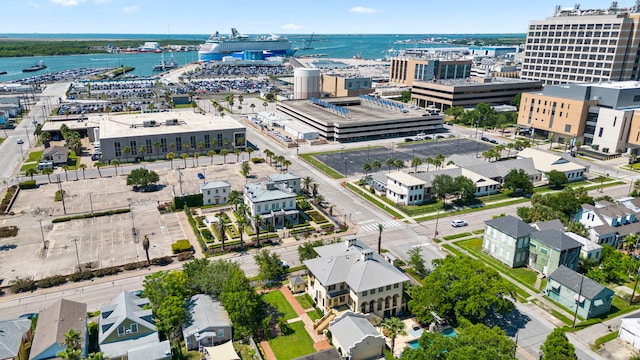 bird's eye view with a water view