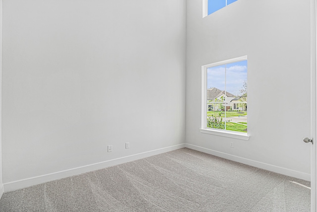 carpeted empty room featuring a high ceiling