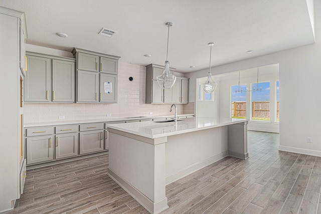 kitchen with sink, a center island with sink, backsplash, and gray cabinets