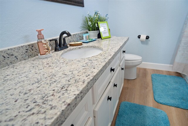 833 S Oneal Rd, Crystal Beach, TX 77650 - bathroom with vanity, toilet, wood finished floors, and baseboards