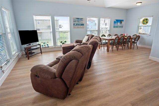 833 S Oneal Rd, Crystal Beach, TX 77650 - living room with healthy amount of natural light, baseboards, and light wood-style floors