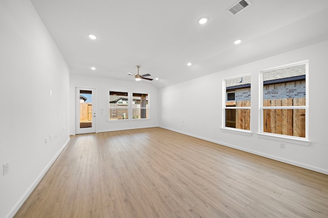 unfurnished living room featuring ceiling fan, light wood-style flooring, recessed lighting, visible vents, and baseboards