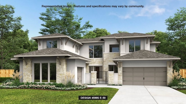 prairie-style home featuring a garage, fence, driveway, stucco siding, and a front lawn