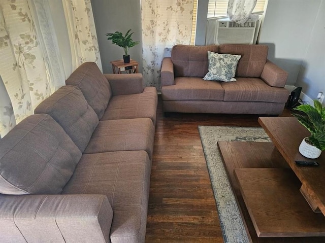 living room featuring dark wood-type flooring and cooling unit