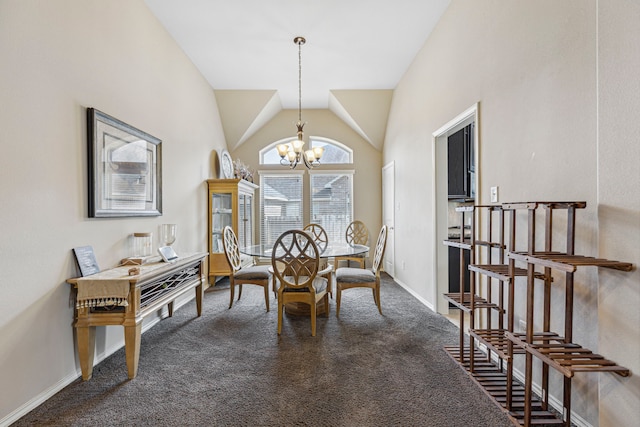 dining room featuring carpet floors, high vaulted ceiling, and a chandelier