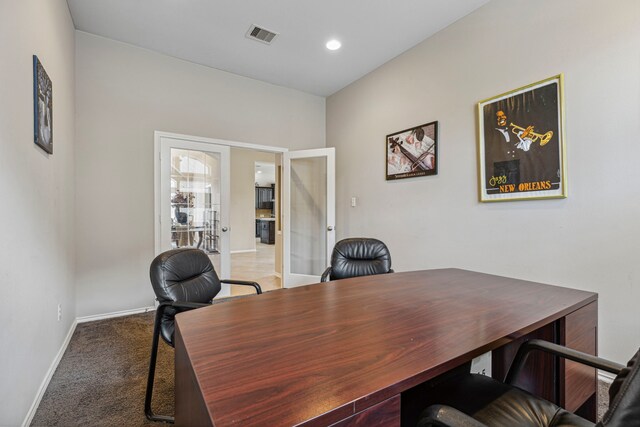 office featuring light carpet and french doors