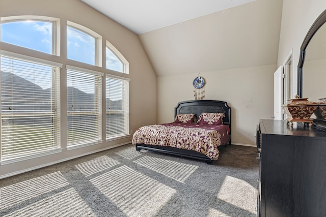 bedroom with carpet floors and lofted ceiling