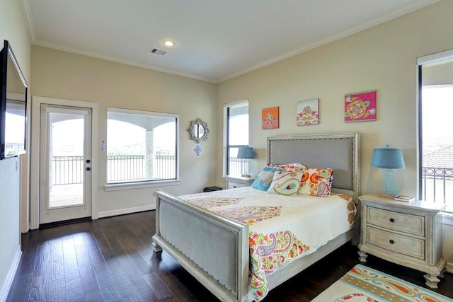 bedroom with dark hardwood / wood-style floors, access to outside, and crown molding