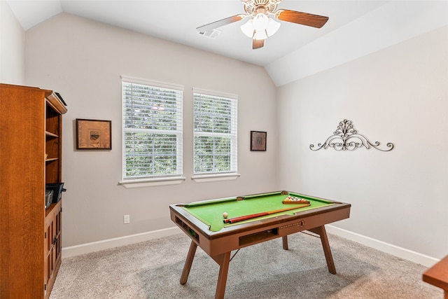 rec room featuring light carpet, vaulted ceiling, ceiling fan, and billiards