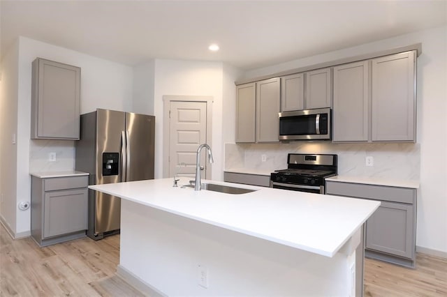 kitchen with sink, stainless steel appliances, an island with sink, and tasteful backsplash