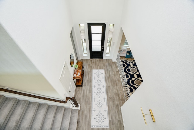 foyer entrance featuring wood-type flooring and a towering ceiling