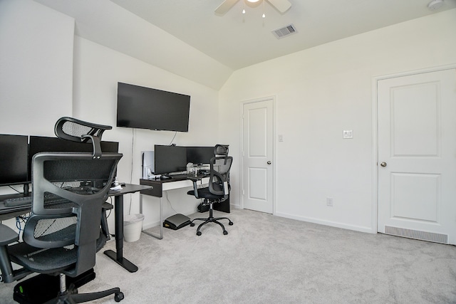 office area with ceiling fan, light carpet, and lofted ceiling