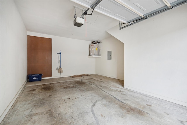 garage with a garage door opener, water heater, and electric panel