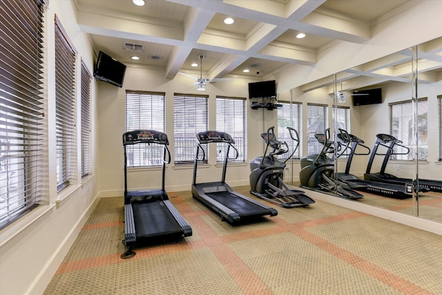 workout area with carpet floors and coffered ceiling