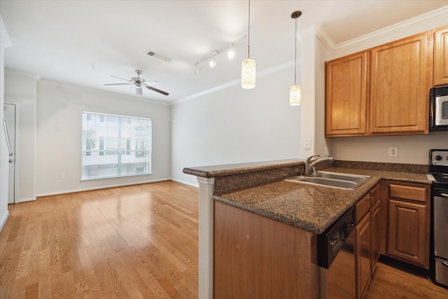 kitchen featuring ceiling fan, light hardwood / wood-style flooring, appliances with stainless steel finishes, sink, and kitchen peninsula