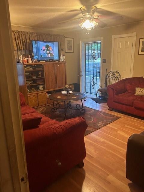 5211 Pensdale, Houston, TX 77033 - living area with ceiling fan and wood finished floors