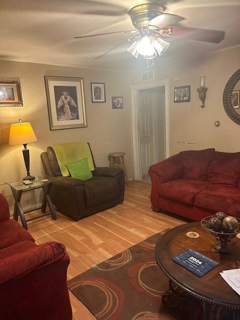 5211 Pensdale, Houston, TX 77033 - living area featuring visible vents, light wood-style flooring, and crown molding