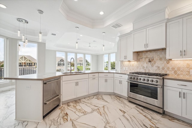 kitchen featuring a sink, ornamental molding, tasteful backsplash, stainless steel range, and a raised ceiling