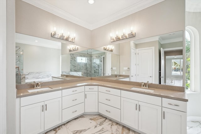 bathroom with tile patterned floors, vanity, walk in shower, and ornamental molding