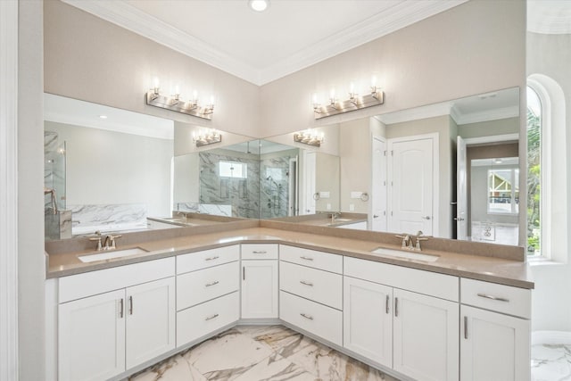 full bathroom featuring crown molding, marble finish floor, a sink, and a marble finish shower