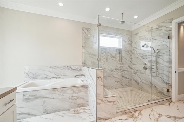 bathroom with shower with separate bathtub, ornamental molding, tile patterned floors, and vanity