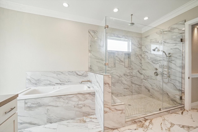 full bathroom with marble finish floor, a garden tub, crown molding, a marble finish shower, and recessed lighting