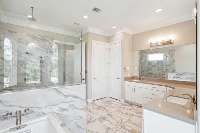 bathroom featuring shower with separate bathtub, ornamental molding, tile patterned floors, and vanity