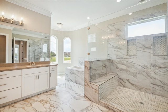 bathroom featuring tile patterned floors, ornamental molding, independent shower and bath, and vanity