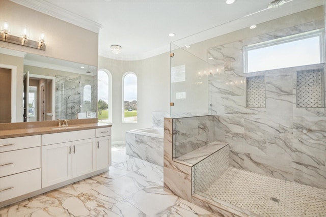 full bathroom with vanity, marble finish floor, ornamental molding, a marble finish shower, and a bath