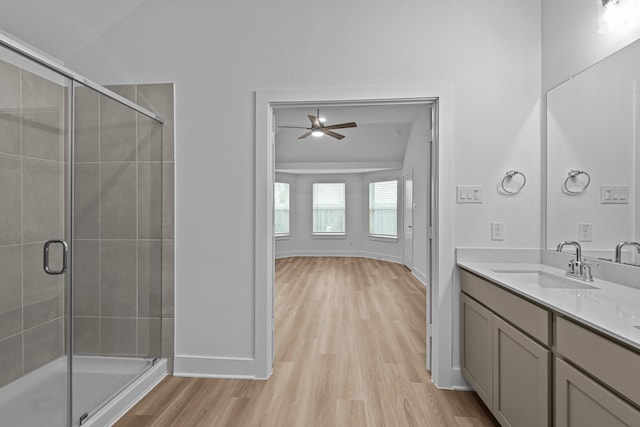 bathroom featuring walk in shower, wood-type flooring, and vanity