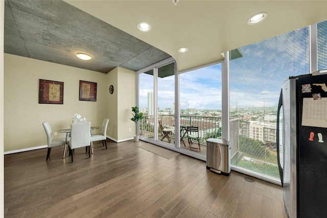 interior space featuring expansive windows and dark hardwood / wood-style flooring