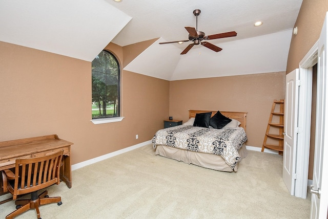 bedroom featuring carpet floors, ceiling fan, and high vaulted ceiling