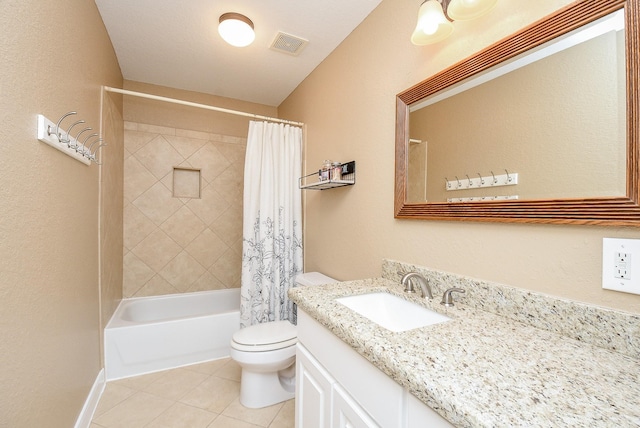 full bathroom with vanity, tile patterned floors, toilet, and shower / tub combo with curtain