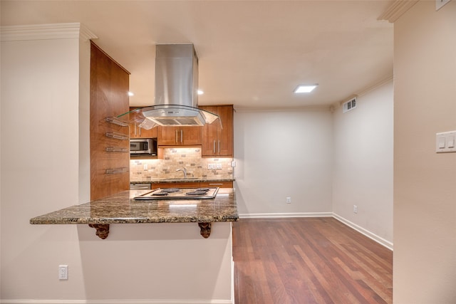 kitchen featuring appliances with stainless steel finishes, island range hood, dark hardwood / wood-style floors, dark stone counters, and kitchen peninsula