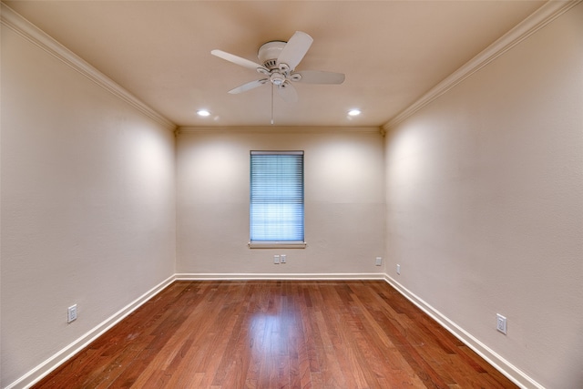 unfurnished room featuring ceiling fan, hardwood / wood-style floors, and ornamental molding