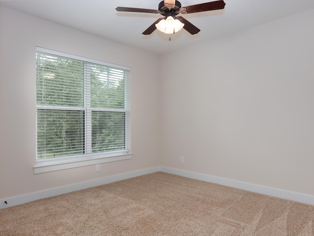 spare room with ceiling fan and carpet