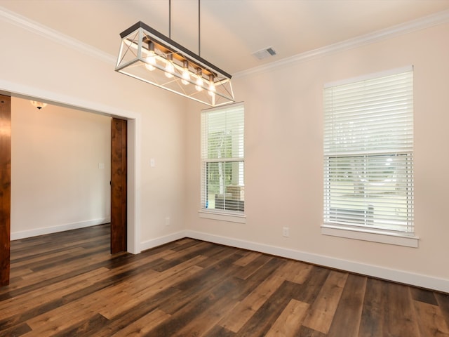 interior space with crown molding and dark hardwood / wood-style floors