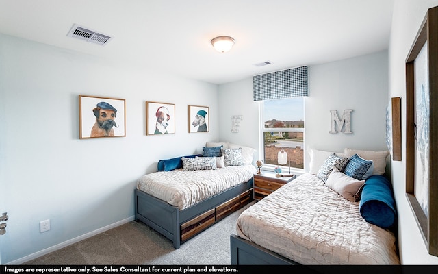 bedroom featuring light carpet