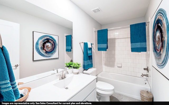 full bathroom featuring vanity, shower / bath combination with curtain, toilet, and tile patterned floors