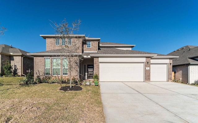 prairie-style house featuring a garage and a front yard