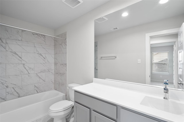 full bath featuring recessed lighting, visible vents, shower / bathing tub combination, toilet, and vanity