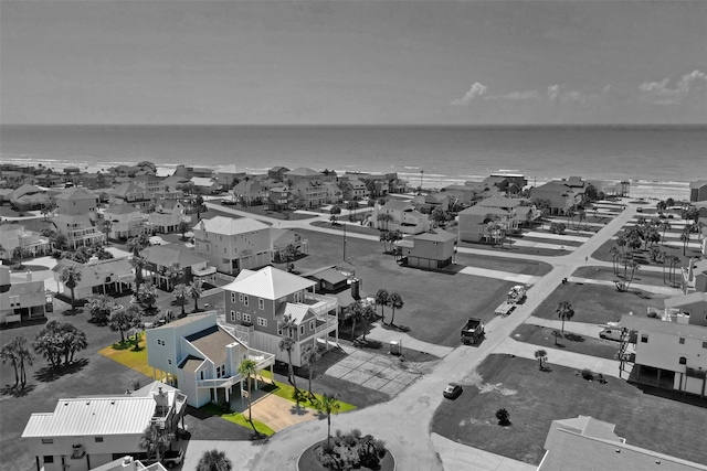 aerial view featuring a water view and a residential view