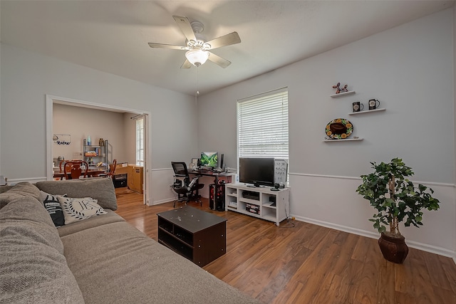 living room with ceiling fan and hardwood / wood-style flooring