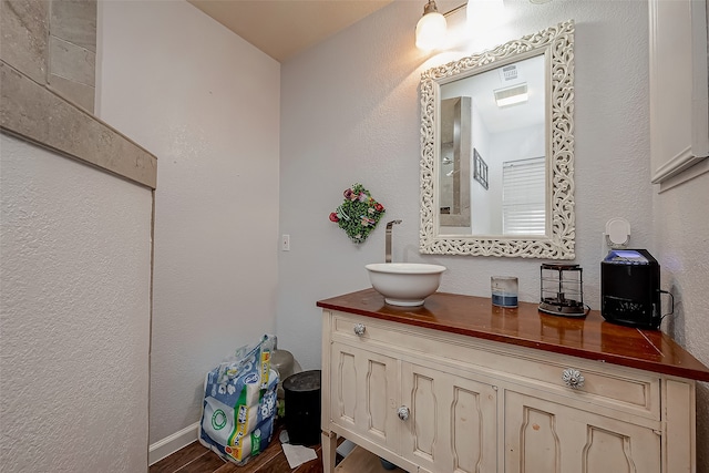 bathroom with hardwood / wood-style flooring and vanity