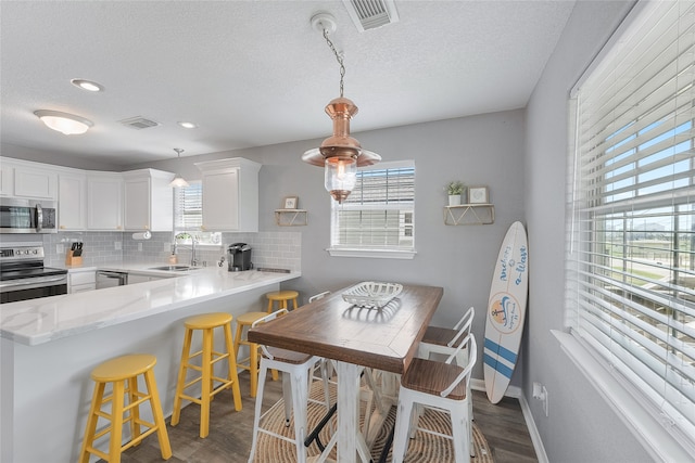 dining space with dark wood-type flooring, a textured ceiling, and sink