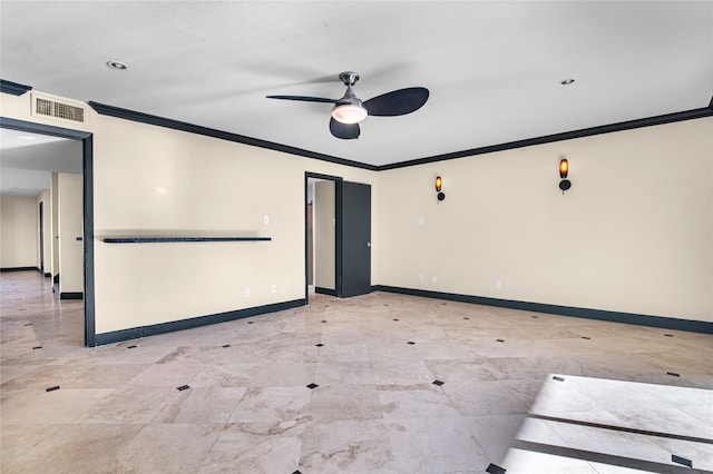 unfurnished room featuring ceiling fan and ornamental molding