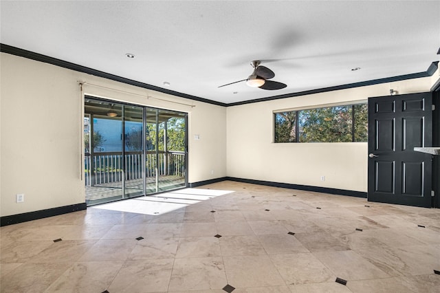 empty room with ceiling fan and ornamental molding