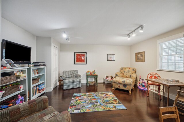 living room with rail lighting and dark hardwood / wood-style floors