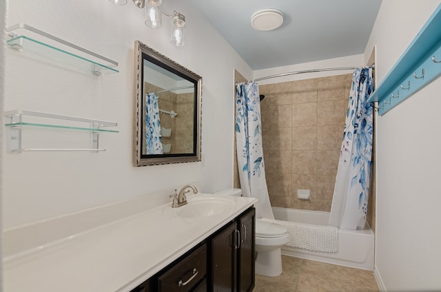 full bathroom with toilet, shower / bath combo, vanity, and tile patterned floors